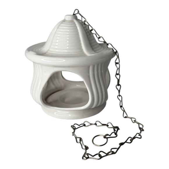PartyLite Pagoda HANGING CANDLE HOLDER White Ceramic Silver Lantern 24” Chain - Picture 1 of 7